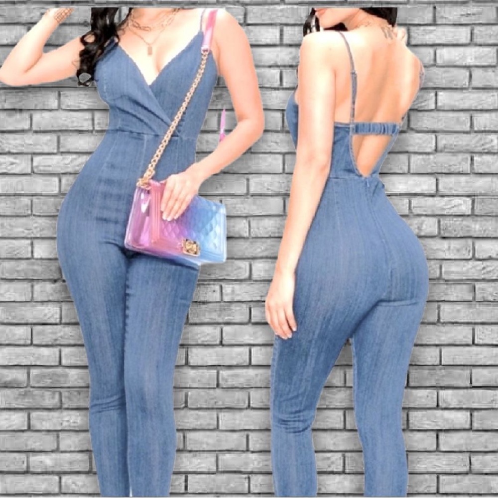Anthropologie Haute Monde Stretch Light Blue Denim Jumpsuit NWOT Size: Small